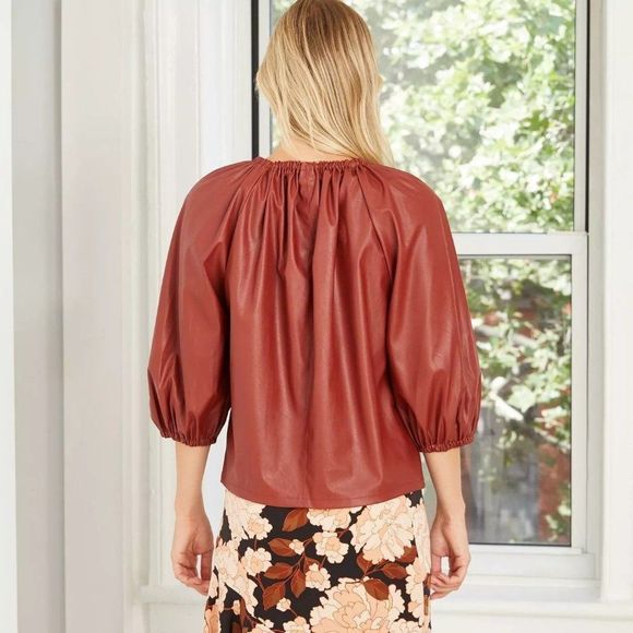 Women's Faux Leather Balloon 3/4 Sleeve Blouse - Who What Wear  - Picture 2 of 3